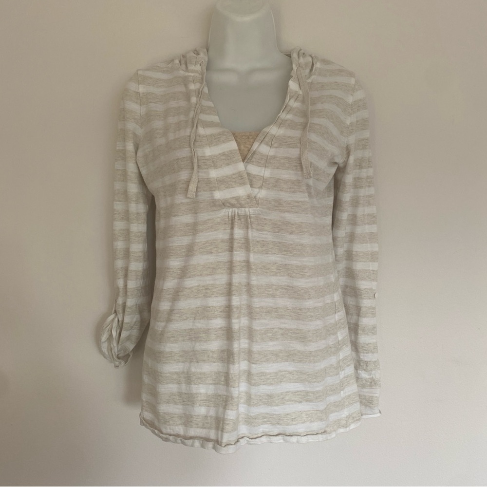Loft Striped White/Tan Hooded Long Sleeve Tee